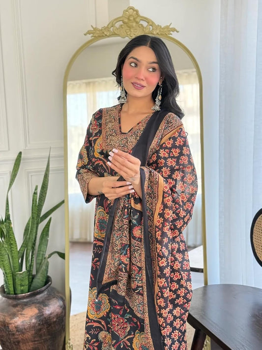 Priyanka Creation Elegant Black Floral Printed Salwar Suit Set with Pant & Dupatta